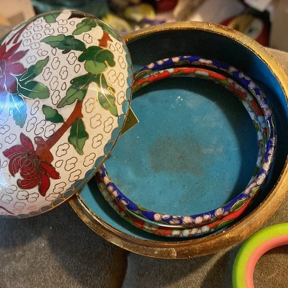 Vintage Cloisonne Covered Round Trinket Box Brass Painted Enamel Cherry Blossom